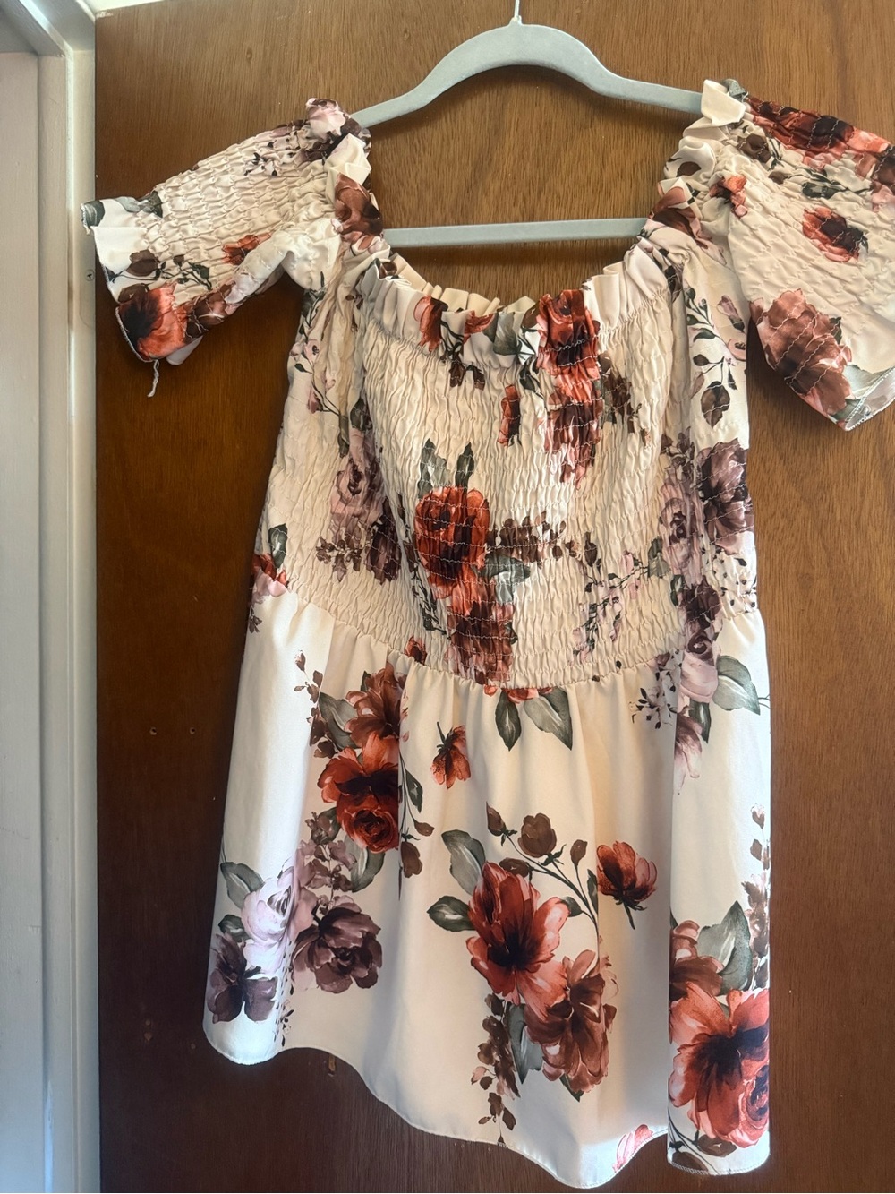 Boohoo Cream Floral Off-Shoulder Smocked Top